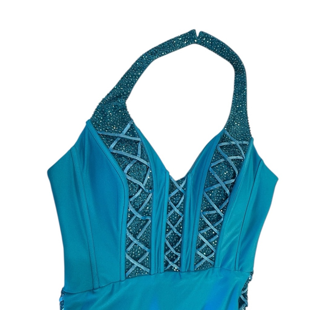 Jovani D5034A Corset Aqua Blue Halter Rhinestone Prom Pageant Maxi Dress -8 NEW - Picture 12 of 16